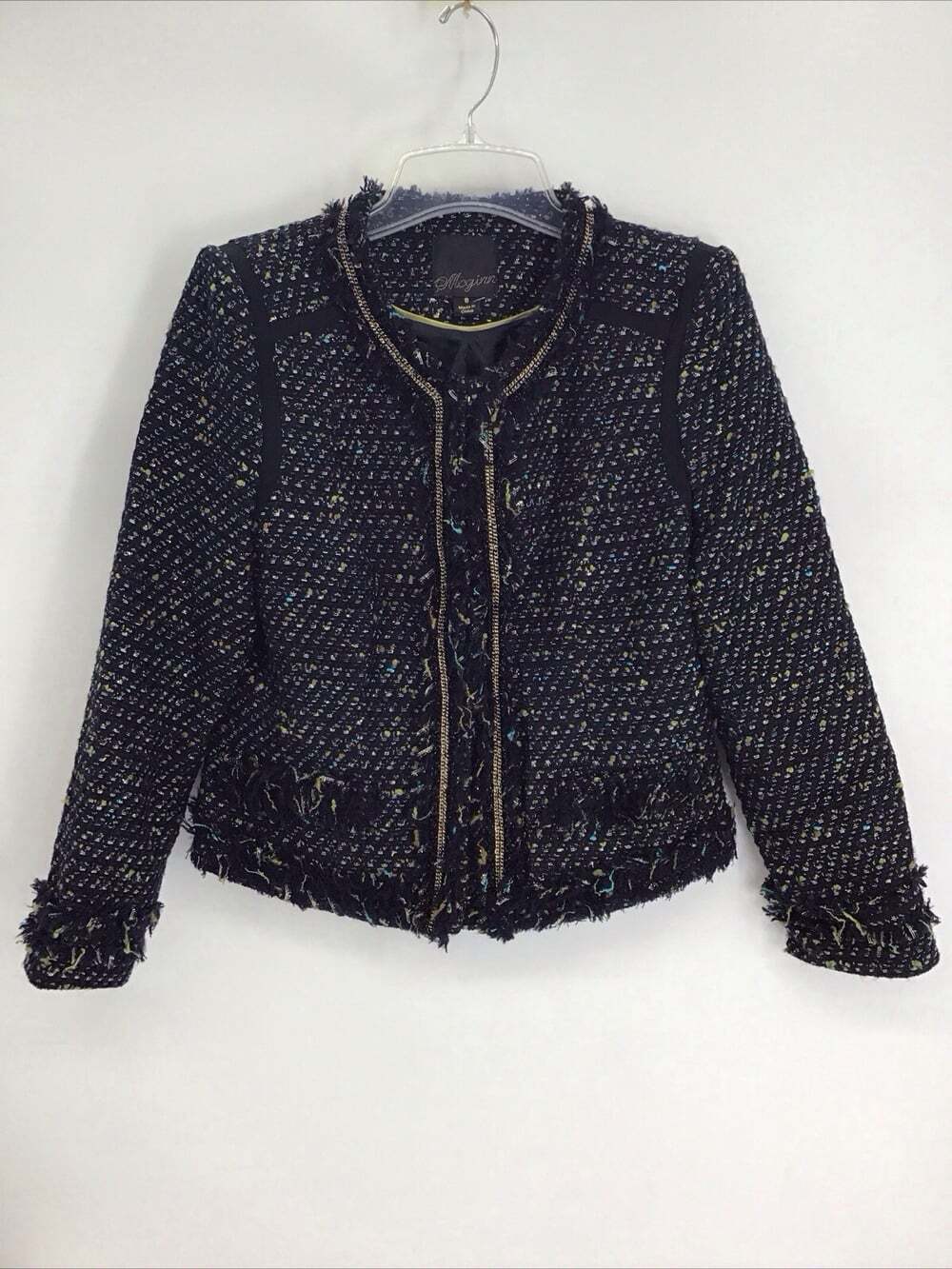 McGinn Textured Boucle Tweed Blazer Jacket Open Front Wool Blend Navy Size 8